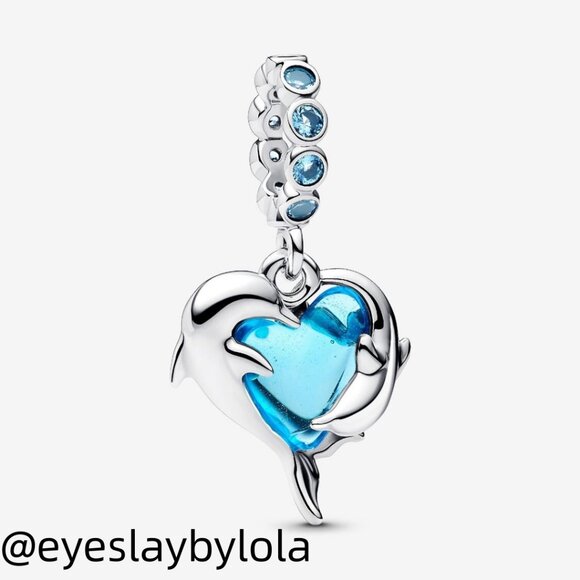Pandora Blue Murano Glass Dolphins Dangle Charm - Picture 1 of 7
